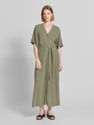 Selected Sukienka lniana o kroju regular fit z dekoltem w serek model 'VIVA' Khaki 4