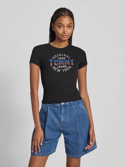 Tommy Jeans T-shirt o kroju slim fit z prążkowaniem Czarny 4
