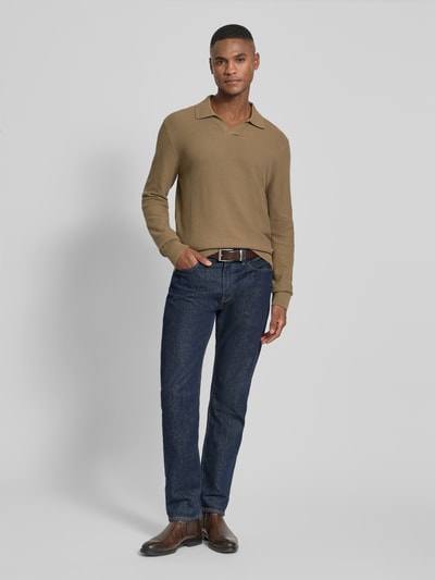 Lindbergh Sweter z dzianiny z fakturowanym wzorem i wykładanym kołnierzem Camel 1