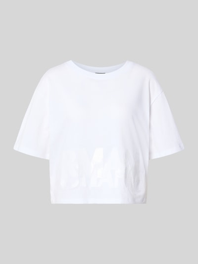 Produktfoto, T-Shirt mit Paillettenbesatz von Armani Exchange, damski t-shirt z bawełny, luźny krój, okrągły dekolt, nadruk z logo z cekinów, długość tyłu w rozmiarze S: 45 cm, kolor biały, jednolita faktura, prosta forma