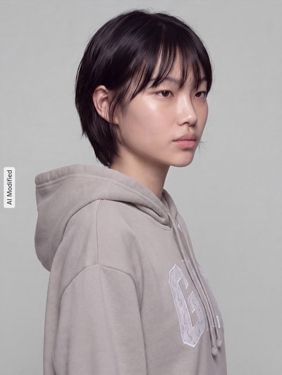 Kobiece modelka nosi bluzę Regular Fit Sweatshirt aus Baumwoll-Mix model 'HERITAGE PO' od GAP, jasnoszary kolor, gładka tekstura, z kapturem, widok z przodu, zbliżenie na górną część ciała, bluza damska, obraz KI-modifiziertes Bild