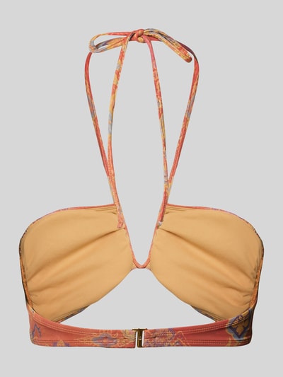 Frauenmodel trägt Bikini-Oberteil mit Neckholder Modell 'MEDALLION SHIMMER SHIRRED' von Lauren Ralph Lauren, Optik:Allover-Muster, gefüttert, Logo-Prägung, Hakenverschluss, Ganzkörperansicht Rückansicht.