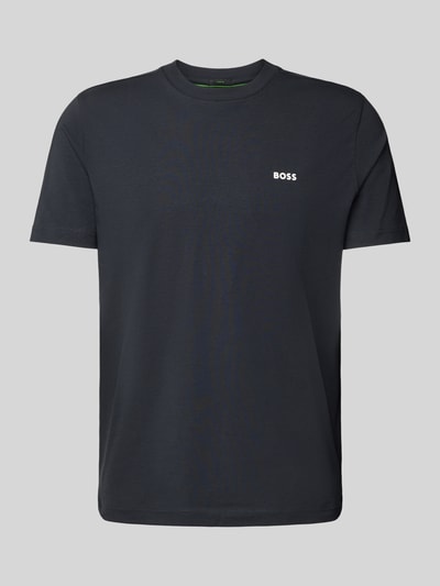 Produktfoto, T-Shirt mit Label-Print von BOSS Green im unifarbenen Design aus Baumwoll-Elasthan-Mix, gerader Schnitt, Rundhalsausschnitt.