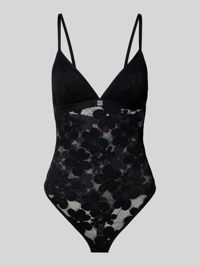 Produktfoto, Wäsche-Body in Spitzen-Optik Modell 'BLOOM LACE BODYSUIT' von HUGO, schwarze Spitze, transparente Materialverarbeitung, Label-Patch