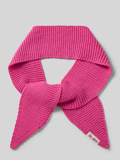 Produktfoto, Schal mit Label-Detail von OH APRIL in kräftigem Pink, rechteckige Form, reine Baumwolle, grobe Strickstruktur, 8 cm breit.