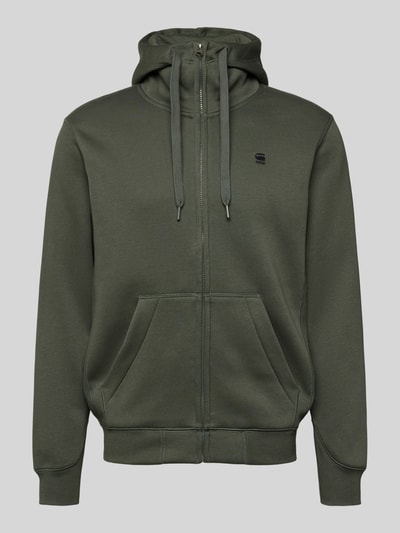 Produktfoto, Sweatjack met opstaande kraag Model 'Premium core' van G-Star, katoenmix, recht model, met capuchon en ritssluiting, gestikt logo, steekzakken, kleur olijfgroen, fijne textuur