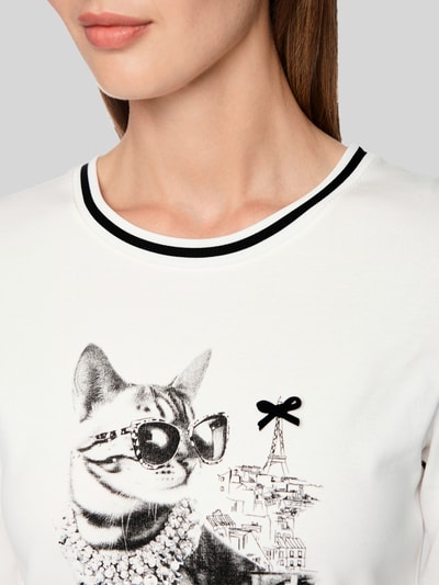 Marc Cain T-Shirt mit Cat-Print und Strasssteinen Offwhite 3