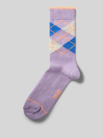 Productfoto, Sokken met wol-aandeel van UNIO HAMBURG in lila met blauw en oranje ruitpatroon, elastische ribboord, contrasterende strepen