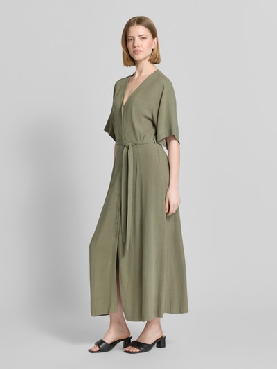 Selected Sukienka lniana o kroju regular fit z dekoltem w serek model 'VIVA' Khaki 1