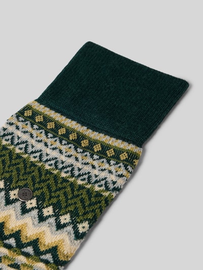 Produktfoto, Wollsocken aus Schurwoll-Mix von Burlington, mieszanka żywej wełny i bawełny, prążkowane ściągacze, fakturowany wzór, detal z logo w metalicznym odcieniu