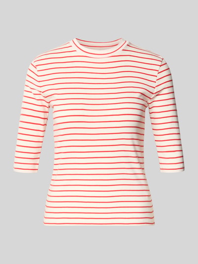 Productfoto, T-Shirt met 3/4-mouw van Lanius in wit met rode strepen, pure katoen, slim fit, ronde hals, lengte 53 cm