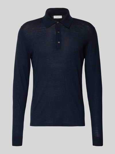 Productfoto, donkerblauw Slim Fit Poloshirt uit zuivere wol Model 'Eross' van Tiger Of Sweden, fijngebreid, lange mouwen, strakke manchetten.