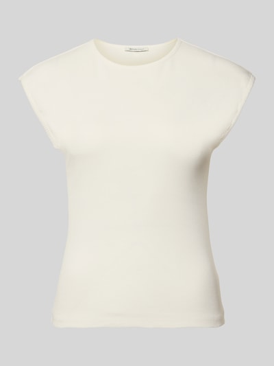 Produktfoto, Regular Fit T-Shirt aus Baumwoll-Mix von Tom Tailor Denim, Optik: Unifarben, Passform: Regular-Fit, Rundhals, Ärmelform: Kurzarm, Damen T-Shirt, Material: Baumwoll-Mix, in dezentem Cremeweiß, glatte Oberfläche, gerade Form.