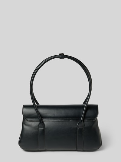 Produktfoto, Handtasche mit Label-Applikation von VALENTINO BAGS in Schwarz, Überschlag, Magnetverschluss, Tragehenkel, Schulterriemen, Maße: Breite 34 cm, Länge 17 cm, Tiefe 14 cm, Länge Schulterriemen 125 cm, glatte Leder-Optik