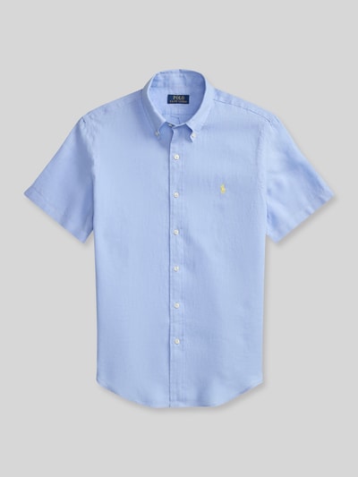 Productfoto, Regular Fit Leinenhemd mit Button-Down-Kraag van Polo Ralph Lauren, effen lichtblauw, korte mouwen, puur linnen, logo-stitching, afgeronde zoom, herenmode
