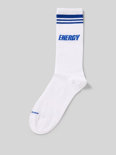 Produktfoto, weiße Socken aus Baumwoll-Mix Modell 'ENERGY' von Happy Socks mit blauen Streifen, Rippenstruktur und Label-Detail.