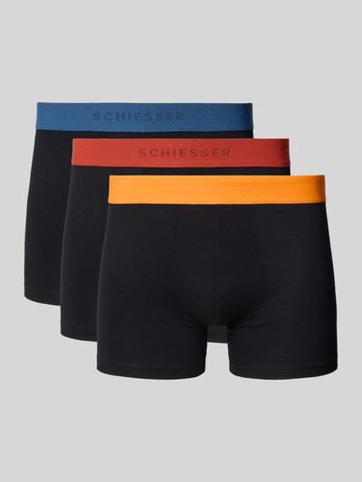 Produktfoto, Slim Fit Trunks mit Logo-Detail im 3er-Pack von Schiesser, Schwarz mit farbigen Bundabschlüssen, elastischer Baumwoll-Mix