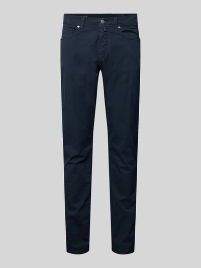 Produktfoto, Regular Fit Hose mit Eingrifftaschen Modell 'Lyon' von Pierre Cardin aus Baumwoll-Elasthan-Mix in Dunkelblau, glatte Textur, Herren, Bundweite 43 cm, Innenbeinlänge 79 cm.