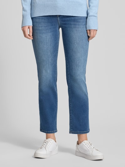 Frauenmodel trägt Jeans mit 5-Pocket-Design von Liu Jo White, blauer Baumwoll-Mix, Slim Fit, Nahaufnahme Oberkörper bis Knöchel.