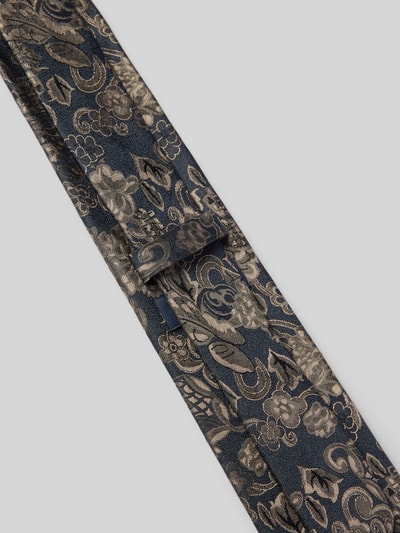 Produktfoto, Krawatte aus reiner Seide mit Logo-Detail von Willen, florales Design in Dunkelblau und Beige, spitze Passform, 7 cm breit