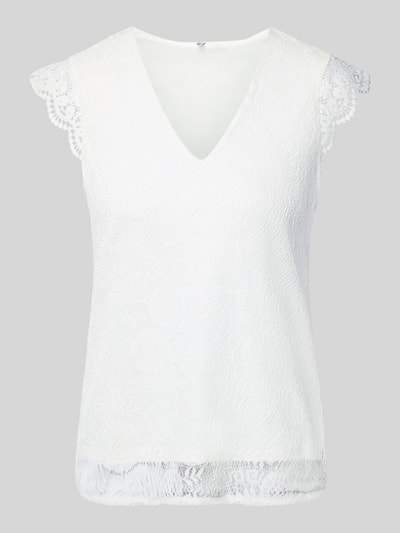 Produktfoto, Slim Fit Blusentop mit Spitzenbesatz Modell 'OLLINE' von Pieces in Optik: Unifarben, floralem Muster, V-Ausschnitt, Materialverarbeitung: Spitze