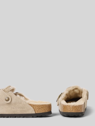 Birkenstock Hausschuhe aus echtem Leder mit Fell-Besatz Modell 'BOSTON' Taupe 2