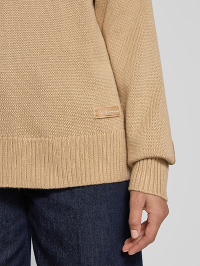 ARMANI EXCHANGE Sweter z dzianiny z mieszanki wełny lana z dekoltem w serek Camel 3