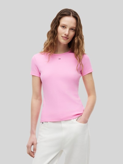 Tommy Jeans slim fit T-shirt van katoenmix in ribtricot Felroze gemêleerd - 4