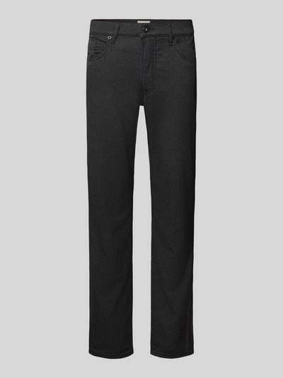 Produktfoto, Stoffhose aus Baumwoll-Mix mit Viskose-Anteil Modell 'Cadiz' von Brax in Melange-Optik, gerade Passform, mittlere Bundhöhe, 5-Pocket-Design, Gürtelschlaufen, Knopf- und Reißverschluss, dezente Labelapplikation, glatte schwarze Webwaretextur