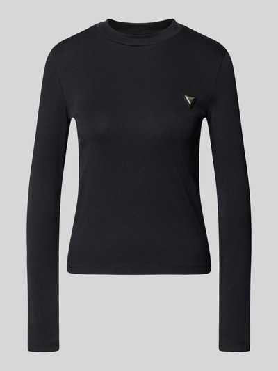 Produktfoto, Longsleeve mit Label-Detail Modell 'SONIA' von Guess Activewear, schwarz, reine Baumwolle, Regular Fit, gerippter Rundhalsausschnitt
