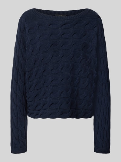 Productfoto, Relaxed Fit Strickpullover aus Baumwoll-Mix mit Zopfmuster van Oui, donkerblauw, U-boothals, katoenmix, dames, geribde boorden, katoenmix, lengte 48 cm, mouwlengte 60 cm