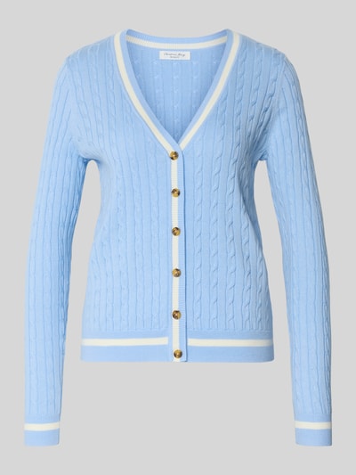 Produktfoto, Strickjacke mit V-Ausschnitt von Christian Berg Woman in hellblauem Katoenmix, Regular fit, ribboorden, knoopsluiting, ruglengte maat S 58 cm, mouwlengte maat S 66 cm