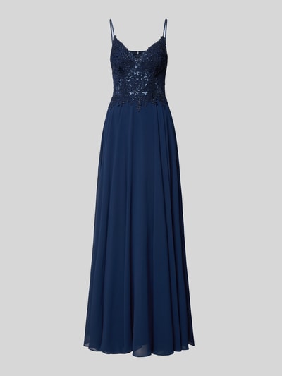 Produktfoto, Regular Fit Abendkleid mit Strasssteinbesatz von Mascara, granatowy, lekka linia A, koronkowe detale, krój regular fit, spaghettiträger, półprzezroczysty design, zapięcie na zamek, długość tyłu w rozmiarze 36: 17 cm, szerokość w rozmiarze 36: 34 cm
