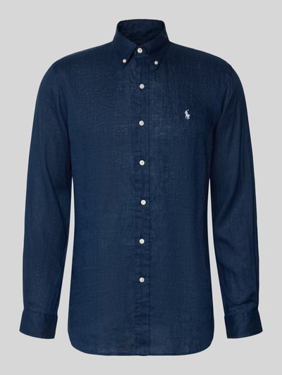 Produktfoto, Regular Fit Freizeithemd aus reinem Leinen von Polo Ralph Lauren in einfarbig Dunkelblau, Knopfleiste, Logo-Detail, Flammgarn-Textur