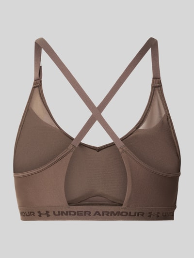 Produktfoto, brauner Sport-BH mit Label-Schriftzug Modell 'UA Crossback Low Bra' von Under Armour mit glatter Struktur, Damen Sport-BH von Under Armour