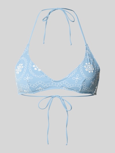 Produktfoto, Bikini-Oberteil mit Stitchings und Schnürung Modell 'HESPERA' von MC2 Saint Barth in Hellblau mit weißem Allover-Look, Material-Mix mit Stretch-Anteil, körpernahe Passform