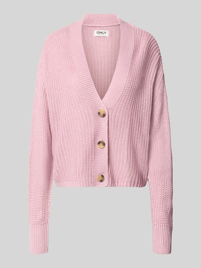 Productfoto, lichtroze gebreid jack met grove textuur, boxy fit, grote knopen, v-hals, model 'CAROL' van ONLY, Dames