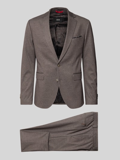 Produktfoto, Regular Fit Anzug mit Viskose-Anteil Model 'Ponza' von CINQUE, elastyczna mieszanka materiałów w odcieniu brązu, wykończenie matowe, Kołnierz z połami, kieszeń na piersi, kieszenie z patką, listwa z 2 guzikami, Szerokość w rozmiarze 50: 45 cm, Długość tyłu: 72 cm, Szerokość ramion: 43 cm, Długość rękawów: 84 cm, Długość wewnętrzna nogawki: 73 cm
