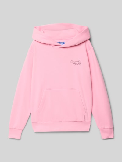Produktfoto, Hoodie mit Kapuze Modell 'ROAR' von Jack & Jones in Rosa, Baumwoll-Mix, lockerer Schnitt, Känguru-Tasche, Label-Print, gerippte Abschlüsse
