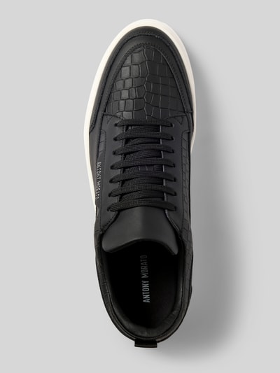 Produktfoto, Sneaker aus echtem Leder Modell 'FLINT' von Antony Morato mit Schlangenmuster, profiliertem Plateau, metallic Label-Detail, schwarze Farbe