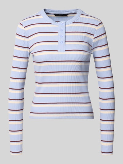 Produktfoto, Slim Fit Langarmshirt aus Baumwoll-Mix Modell 'KATIE' von Vero Moda, mehrfarbig gestreift, Feinstrick, Rundhals, Knopfleiste.