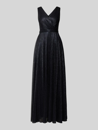 Produktfoto, Schimmerndes Abendkleid mit V-Ausschnitt von TROYDEN COLLECTION, langes Maxikleid in Schwarz, taillierter Schnitt, feine Struktur