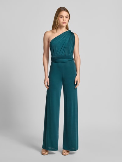 Frauenmodel trägt Jumpsuit mit rückseitig gekreuzten Trägern von Rose Avenue in Petrol, glattes Material, weiter Beinverlauf, Ganzkörperansicht von vorne, Regular Fit, tiefer V-Ausschnitt, Raffungen, Rückenlänge 120 cm, Brustweite 50 cm, Gesamtlänge 120 cm, Innenbeinlänge 92 cm.