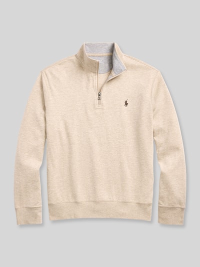 Produktfoto, Regular Fit Sweatshirt aus Baumwoll-Mix von Polo Ralph Lauren in Beige mit halbem Reißverschluss und melierter Struktur, neutraler Hintergrund.