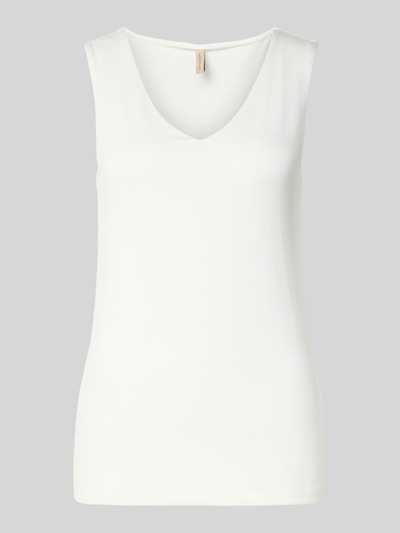 Produktfoto, weißes Top mit V-Ausschnitt Modell 'Marica' von Soyaconcept aus Lyocell-Elasthan-Mix, Slim-Fit, Rückenlänge 60 cm in Größe S
