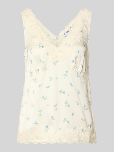 Productfoto, Blusentop aus Viskose mit Spitzenbesatz van Jake*s Casual, crèmekleurig met blauwe bloemen, regular fit, V-hals, kanten details, ruglengte maat 36: 36 cm