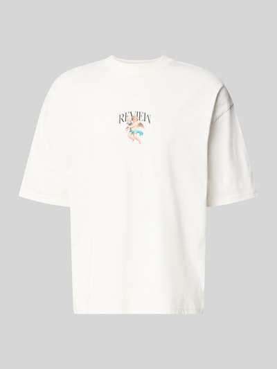 Produktfoto, T-Shirt mit überschnittenen Schultern von REVIEW aus reiner Baumwolle, lockerer Schnitt, weiß, Rundhalsausschnitt, Label-Print