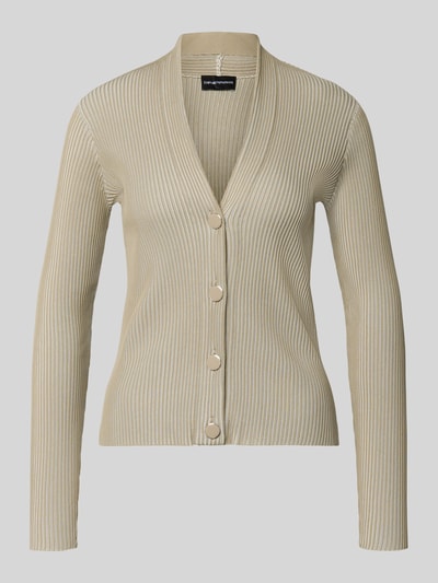 Produktfoto, Strickjacke mit V-Ausschnitt und Knopfleiste von Emporio Armani in Beige, feine Rippstruktur, Slim Fit, Material-Mix mit Viskose-Anteil