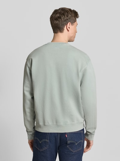 Mannenmodel draagt Sweatshirt aus reiner Baumwolle van Drykorn in lichtgroen met ribboorden, los model, opstaande kraag, ruglengte bij maat M 66 cm, mouwlengte bij maat M 70 cm, katoen, volledig zicht op de rug, ganzkörperansicht rückansicht.