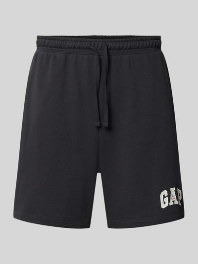 Produktfoto, Straight Fit Shorts mit Logo-Stitching Modell 'Arch' von GAP aus dunkelblauem Baumwoll-Mix, elastischer Bund mit Tunnelzug, sichtbares GAP-Logo, für Herren, Bundweite 43 cm, Innenbeinlänge 18 cm.